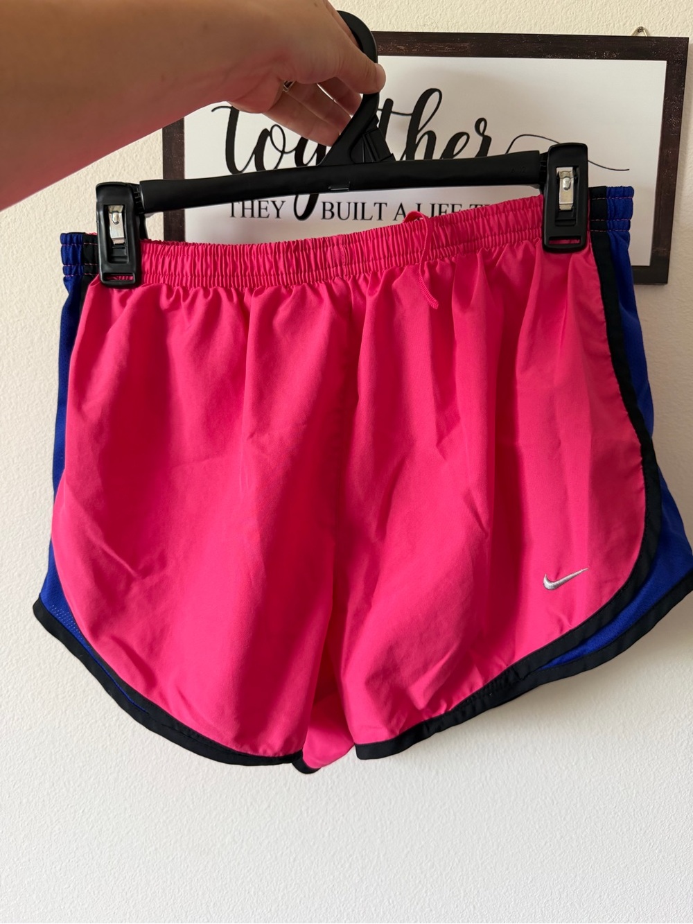 Nike Women's Hot Pink Athletic Shorts with Blue Side Panels